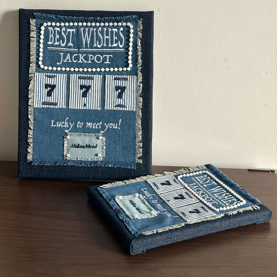 Original Vintage Denim Canvas Art - Jackpot "Lucky to Meet You"