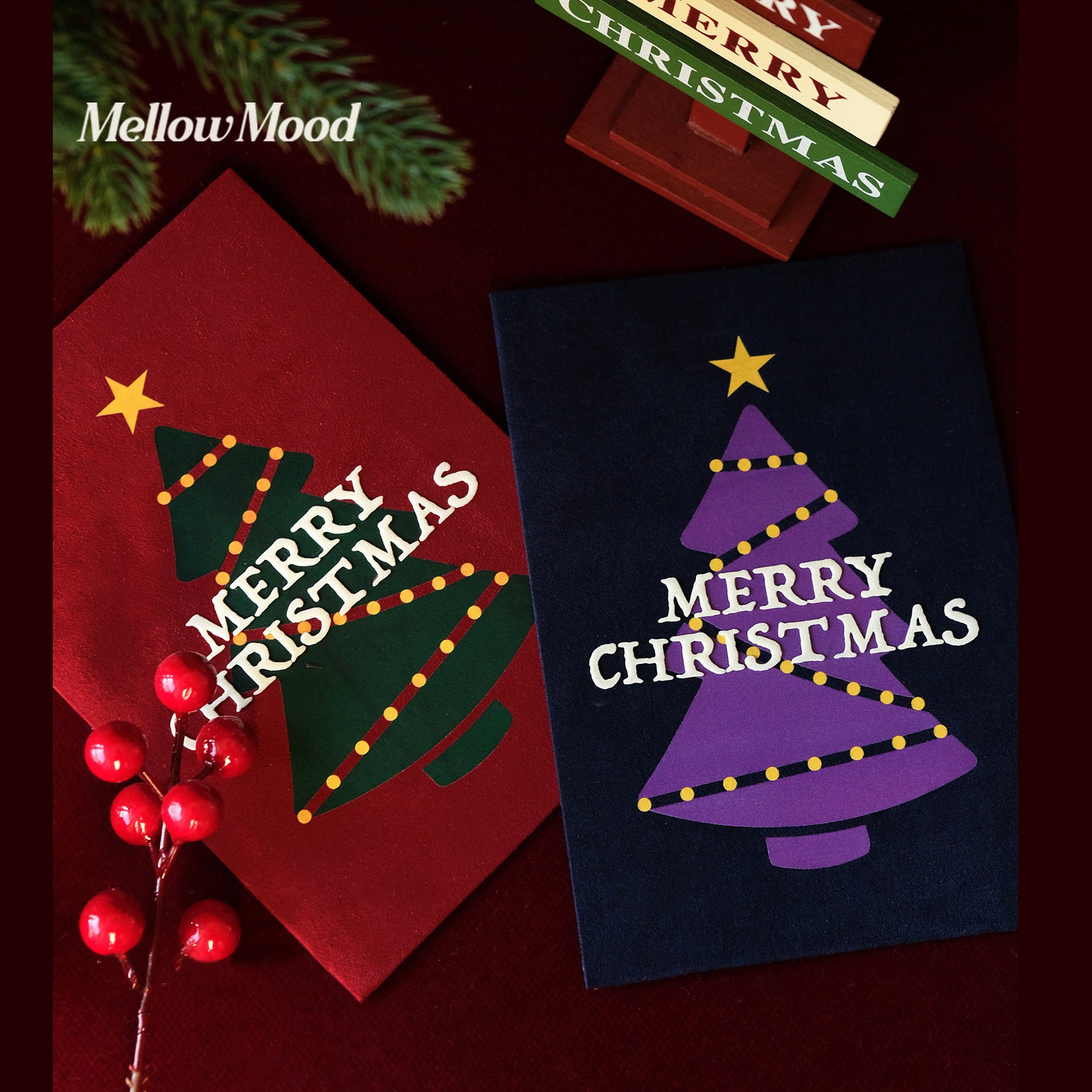 Handmade Fabric Christmas Card Set- Green - "Merry Christmas"